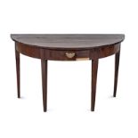 A MAHOGANY DEMI-LUNE TABLE, 19TH CENTURY the plain top above a short central frieze drawer, on