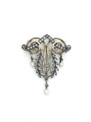 Rose diamonds and natural pearls (not certificated) brooch c. 1890 and French. 8.9 grams Silver