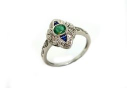 Emerald, sapphire and diamond cluster ring