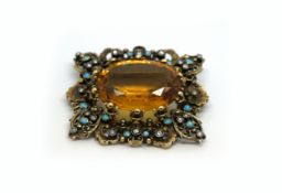 Citrine, diamond and turquoise brooch