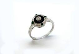 Emerald, diamond and enamel target ring