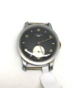 Gentleman's vintage Longines, black circular dial with gilt Arabic numerals, silvered subsidiary