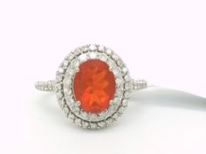 Fire Opal and Diamond Cluster Ring. 14Ct White Gold. Ring Size N, 5.2 grams