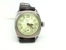 Silver J.W Benson trench watch, circular dial with Arabic numerals, subsidiary seconds dial,
