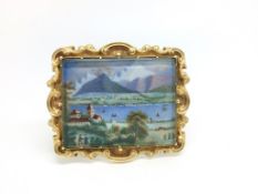 Gold Brooch from Switzerland depicting Lake Geneva. Victorian.