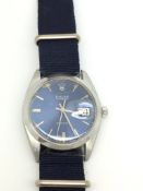 Gentlemen's Rolex Oysterdate Prescision, blue dial with baton hour markers, date aperture, stainless