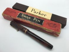 Parker pen box and pen, Swan Pen in box and a Parker military pen.