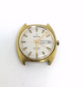 Vintage Bulova automatic wristwatch, baton hour markers, day date, steel and gold case