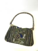 Valentino clutch bag, silk purse with bamboo design, snake skin style handle and detail 30 x 20cm
