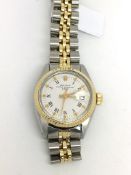 Ladies steel and gold Rolex Oyster Perpetual Date, white dial with Roman numerals and Gold block