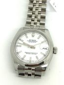 Rolex mid-size Oyster Perpetual DateJust, white dial with baton hour markers, date aperture to three