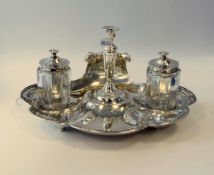 A Silver Standish With Two Bottles & Central Taperstick, Hallmarked London 1856, Weight 720g