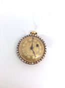 18ct gold case open faced pocket watch, gold dial with Roman numerals, split pearl set bezel to
