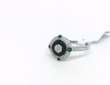 Emerald, diamond and enamel target ring
