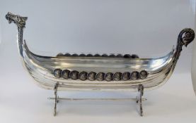 Silver Plated Centrepiece on Stand Formed as a Viking Longboat With Clear Glass Liner Length 47cm