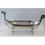 Silver Plated Centrepiece on Stand Formed as a Viking Longboat With Clear Glass Liner Length 47cm