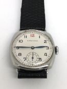 Vintage Longines trench watch, circular dial with Arabic numerals, red '12' marker, subsidiary