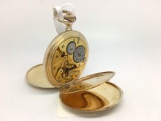 Full hunter pocket watch, engine turned case, white enamel dial, subsidiary seconds dial, gold