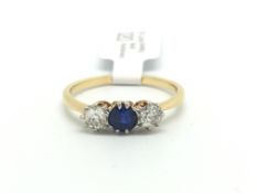 Sapphire and old cut diamond three stone ring