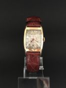 Vintage Waltham wrist watch, rectangular cushion dial with gilt Arabic numerals, red centre