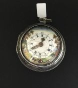 Silver verge open faced pocket watch, painted dial with farming scene, Roman numerals and minutes