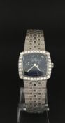 Ladies 18ct diamond set Omega, cushion Lapis Lazuli dial, diamond bezel, 18ct white gold case and