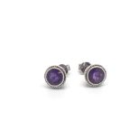 Pair of amethyst stud earrings, round cut amethyst in white metal stamped and tested as 14ct white