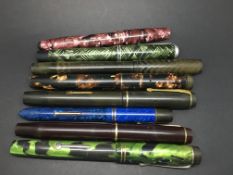 Eight fountain pens. Conway Stewart, Burnham, Watermans, 2 X Mentmore, Astroa Nova, De La Rue and