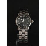 Midsize Montblanc wrist watch, black dial with Arabic numerals, stainless steel case and bracelet,
