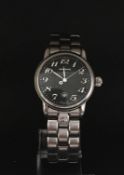 Midsize Montblanc wrist watch, black dial with Arabic numerals, stainless steel case and bracelet,