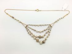 Vintage 9ct faux pearl fringe necklace, four graduating rows of faux pearls, suspended from 9ct bars