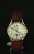 Vintage Swiss Day/Date/Moon phase wristwatch, circular dial with Aabic numeral hour markers, outer