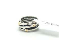 Pandora silver ring, multiple bands, gilt detail, ring size L