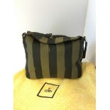 A Fendi brown and khaki striped handbag with leather shoulder strap, the inside pocket printed