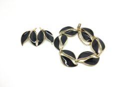 Set of David Anderson Jewellery,black enamel leaf design bracelet with matching clip on earrings,
