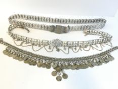 Three Continental and eastern Silver belts including right cuts link belt, arabic coin belly dancing