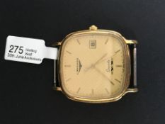 Gentleman's Longines Quartz Date Watch. The case is gold plated top with a snap on stainless