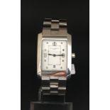 Gentleman's Baume & Mercier wristwatch, rectangular white dial with steel dot hour markers,