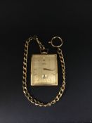 Lance open faced rectangular fob watch with chain, textured gilt dial with baton hourmarkers