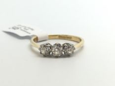 Old cut diamond three stone ring, three old cut diamonds claw set, estimated total diamond weight