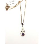 Amethyst nouveau necklace, tear drop pendant set with round cut amethyst, suspended from a square