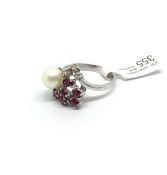 Ruby diamond and pearl set ring, mounted in 14ct white gold, ring size U