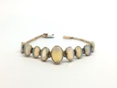 Graduated Opal bracelet, nine cabochon cut opals from approximately13x9mm to 9x6.5mm, double claw
