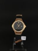 Ladies 18ct diamond set Hublot, black dial signed Hublot MDM Geneve, diamond set bezel with