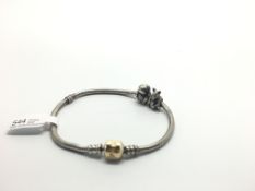 Pandora charm bracelet with two charms including kangaroo charm, 14ct gold clasp, 19.5cm