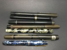 Seven fountain pens. Conway Stewarts, 2 x Swan, Onoto Pen by De La Rue, Birmingham, Waterman and
