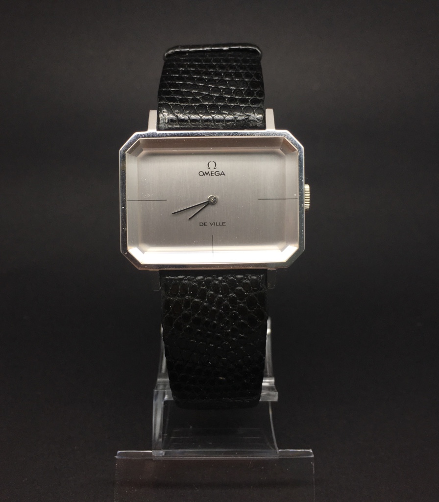 Vintage Omega De Ville, rectangular silvered dial with faceted glass, 32mm stainless steel case,