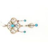 Art Nouveau turquoise and pearl pendant, cabochon oval turquoise set within a floral scroll work