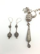 Eastern style silver necklace and earring set, bead and filigree design