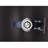 Ladies Dynamic Omega Watch. The case is stainless steel. The blue leather strap and Buckle are